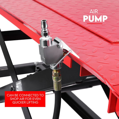 A Motorcycle Lift 500kg Table Hydraulic Air Bike Jack Mechanic Stand Hoist Lifter. The lift features a rectangular platform, adjustable height mechanism, non-slip surface, and mechanical hand lever. The text "500KG CAPACITY AIR/HYDRAULIC LIFT" is in the top left. Perfect for any shop air lift setup.