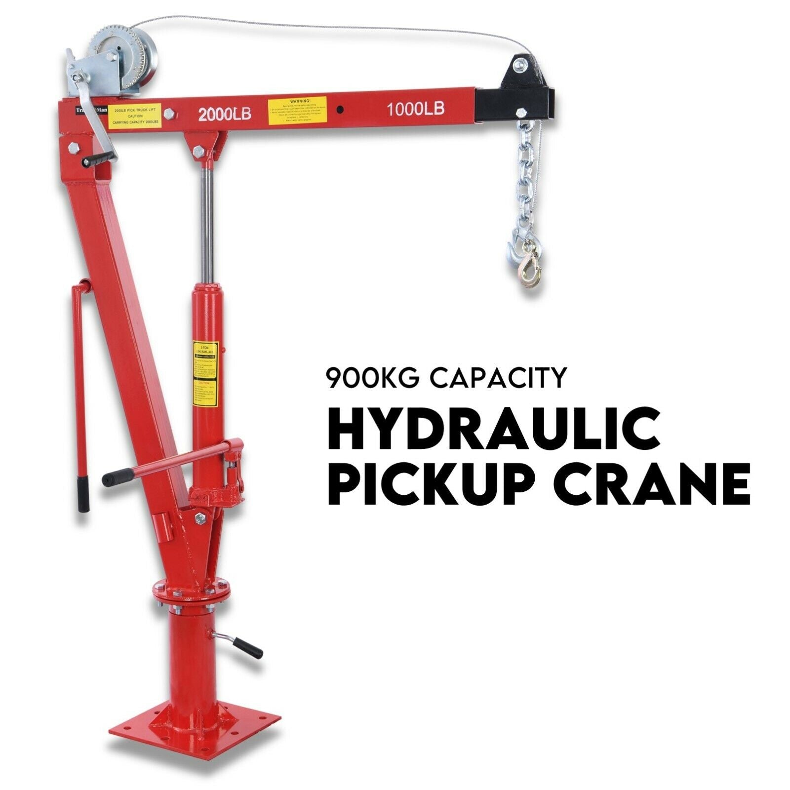 A red Hydraulic Crane 900kg Pickup Swivel Ute Truck Trailer Lift Hoist Winch Haul with a capacity of 900 kg (2000 lb/1000 lb). The crane features a sturdy base, a lever for operation, and a chain and hook for lifting. Text reads "900KG CAPACITY HYDRAULIC PICKUP CRANE".