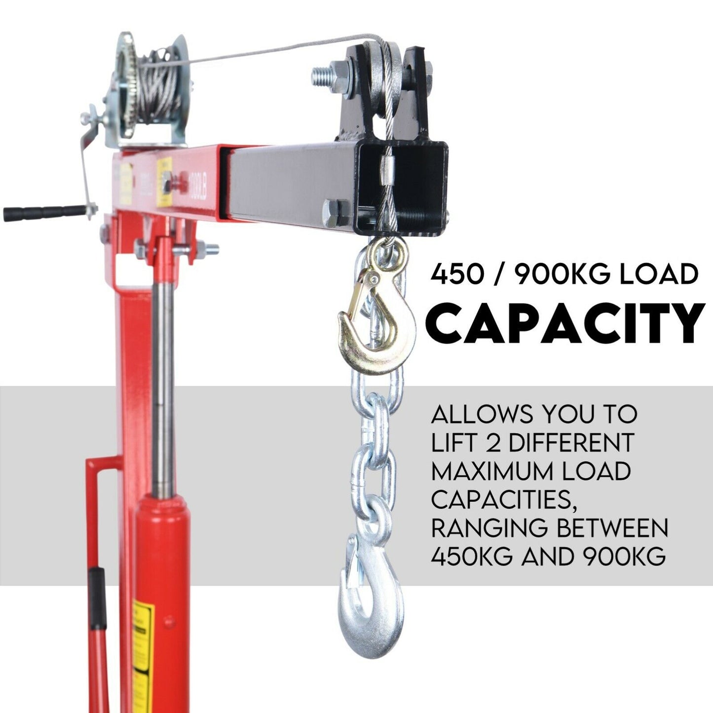 A red Hydraulic Crane 900kg Pickup Swivel Ute Truck Trailer Lift Hoist Winch Haul with a capacity of 900 kg (2000 lb/1000 lb). The crane features a sturdy base, a lever for operation, and a chain and hook for lifting. Text reads "900KG CAPACITY HYDRAULIC PICKUP CRANE".