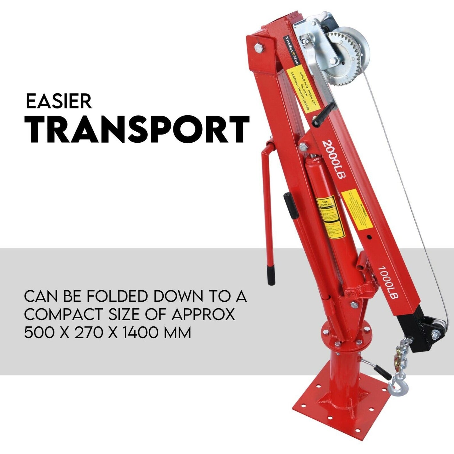 A red Hydraulic Crane 900kg Pickup Swivel Ute Truck Trailer Lift Hoist Winch Haul with a capacity of 900 kg (2000 lb/1000 lb). The crane features a sturdy base, a lever for operation, and a chain and hook for lifting. Text reads "900KG CAPACITY HYDRAULIC PICKUP CRANE".