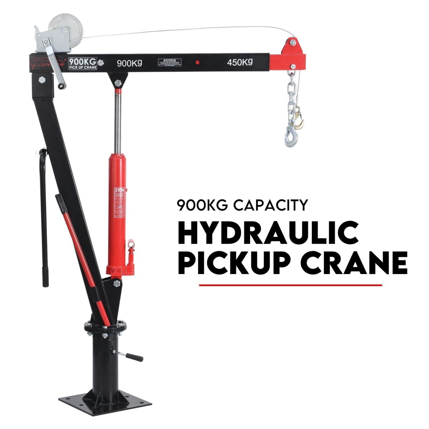 A red and black Hydraulic Crane 900kg Pickup Swivel Ute Truck Trailer Lift Hoist Winch Haul is shown. The crane features a metal hook at the end and is mounted on a base. Text on the image reads "900KG Capacity Hydraulic Pickup Crane." Proudly brought to you by Trade Hero Australia.