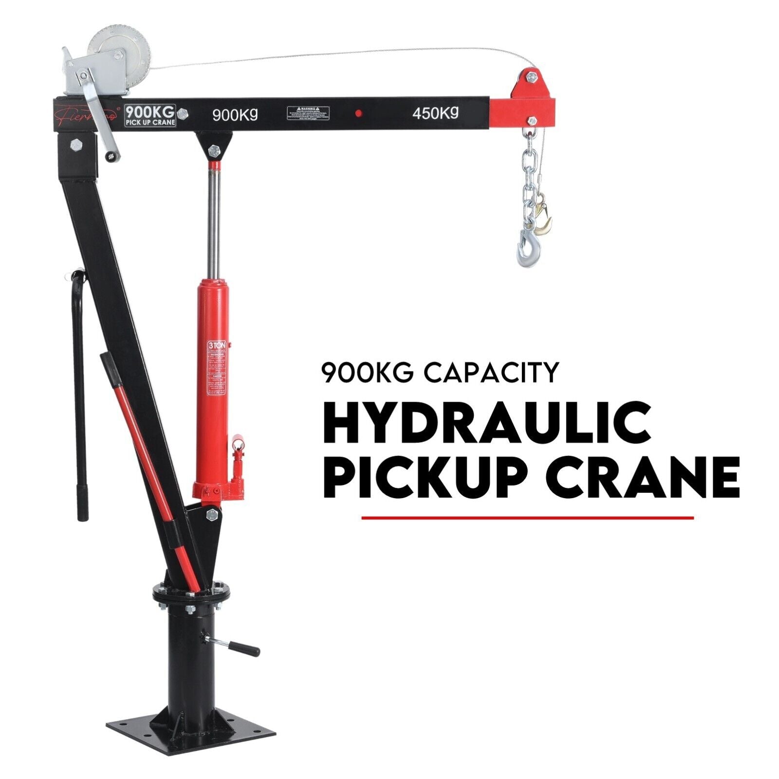 A red and black Hydraulic Crane 900kg Pickup Swivel Ute Truck Trailer Lift Hoist Winch Haul is shown. The crane features a metal hook at the end and is mounted on a base. Text on the image reads "900KG Capacity Hydraulic Pickup Crane." Proudly brought to you by Trade Hero Australia.