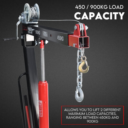 A red and black Hydraulic Crane 900kg Pickup Swivel Ute Truck Trailer Lift Hoist Winch Haul is shown. The crane features a metal hook at the end and is mounted on a base. Text on the image reads "900KG Capacity Hydraulic Pickup Crane." Proudly brought to you by Trade Hero Australia.