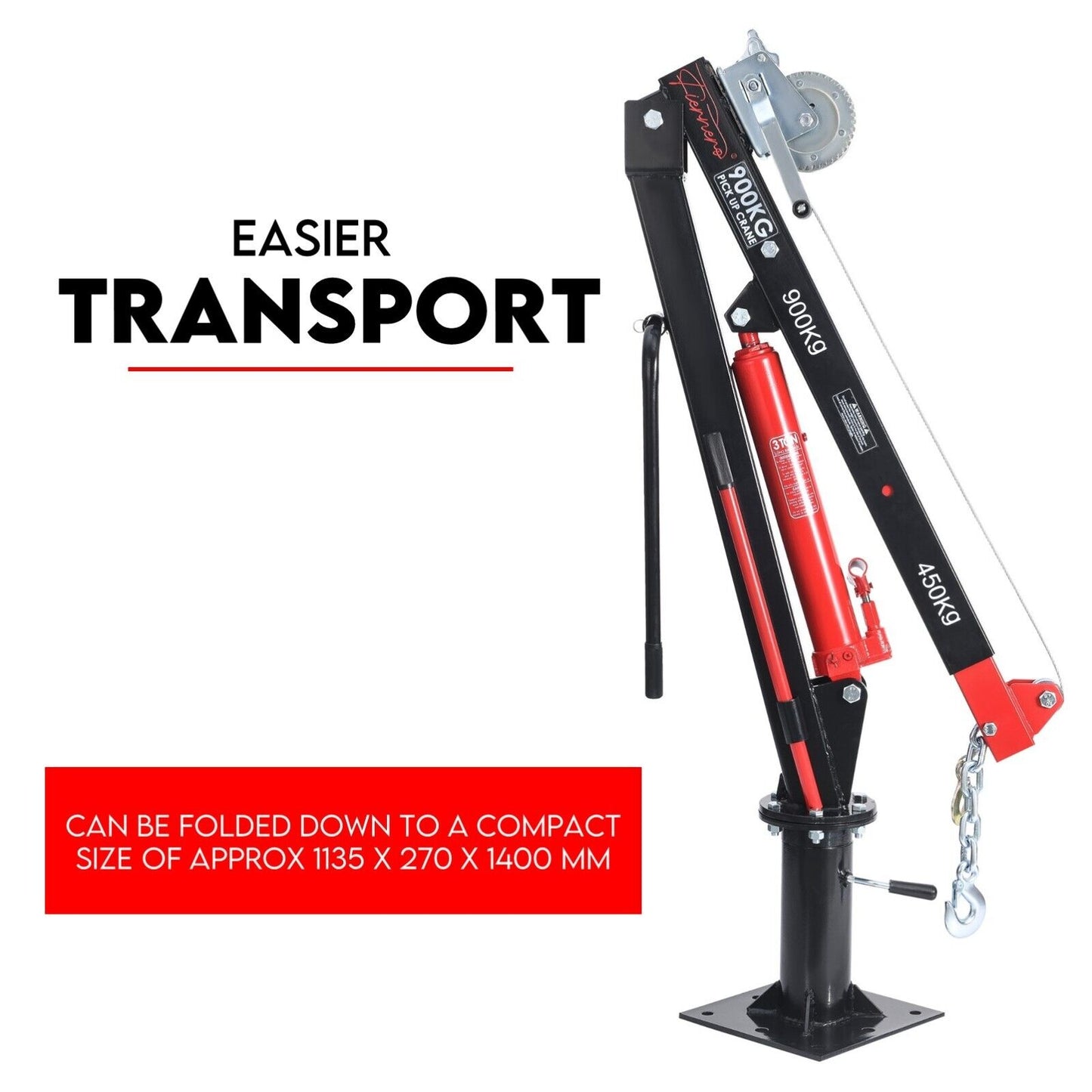 A red and black Hydraulic Crane 900kg Pickup Swivel Ute Truck Trailer Lift Hoist Winch Haul is shown. The crane features a metal hook at the end and is mounted on a base. Text on the image reads "900KG Capacity Hydraulic Pickup Crane." Proudly brought to you by Trade Hero Australia.