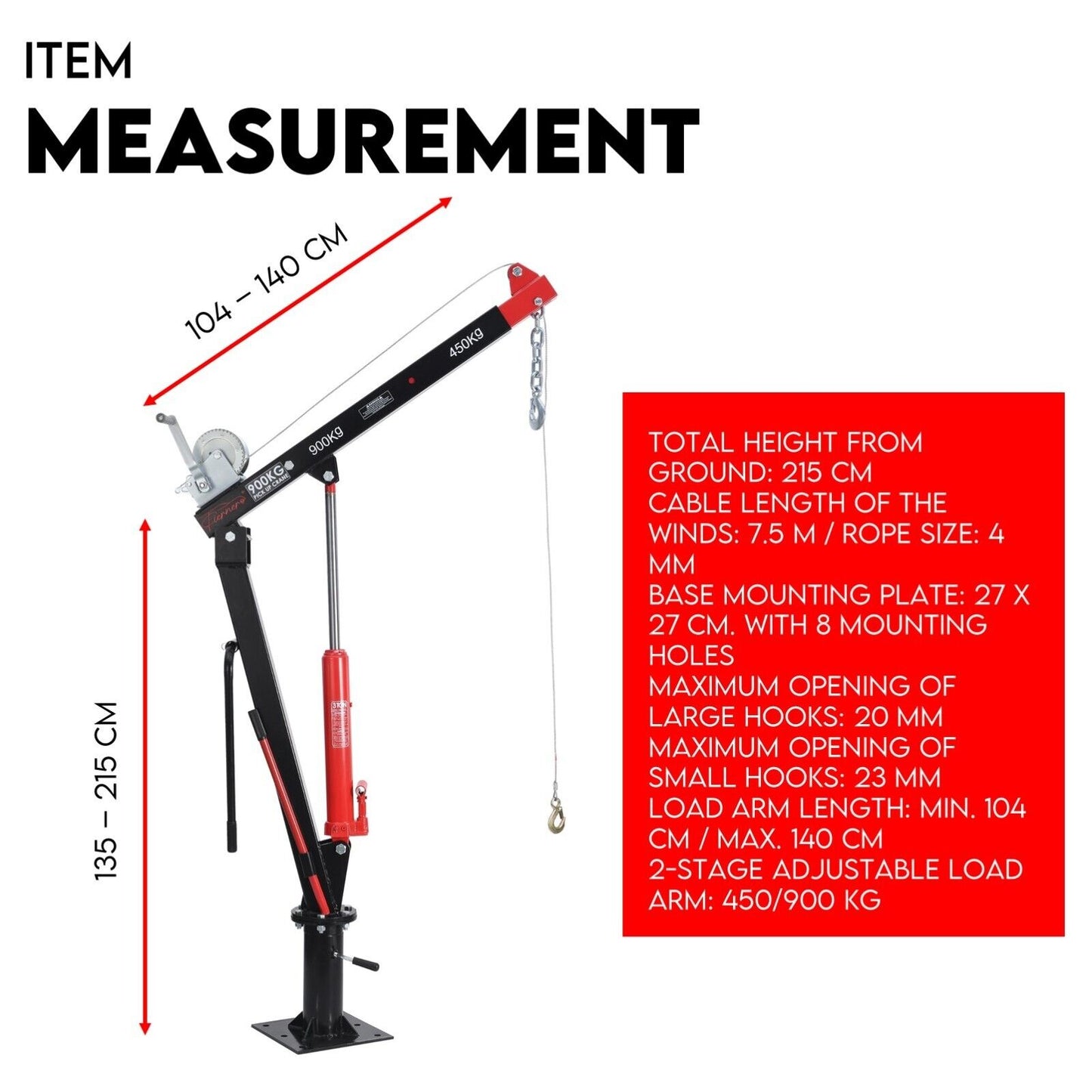 A red and black Hydraulic Crane 900kg Pickup Swivel Ute Truck Trailer Lift Hoist Winch Haul is shown. The crane features a metal hook at the end and is mounted on a base. Text on the image reads "900KG Capacity Hydraulic Pickup Crane." Proudly brought to you by Trade Hero Australia.