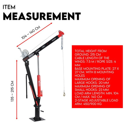 A red and black Hydraulic Crane 900kg Pickup Swivel Ute Truck Trailer Lift Hoist Winch Haul is shown. The crane features a metal hook at the end and is mounted on a base. Text on the image reads "900KG Capacity Hydraulic Pickup Crane." Proudly brought to you by Trade Hero Australia.