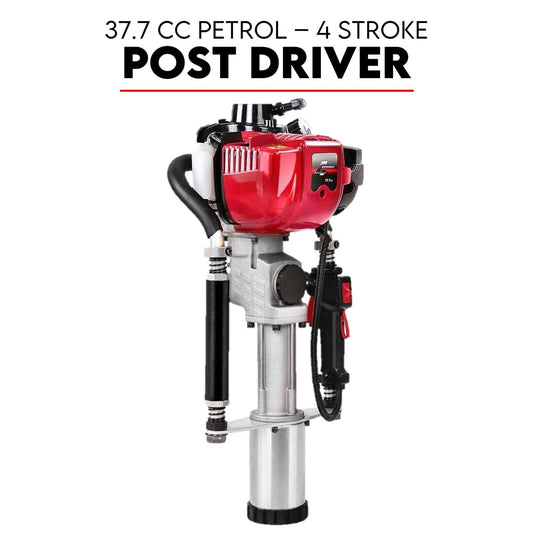 Image of the Petrol Post Driver 4 Stroke Pile Star Picket Steel Post Fence Rammer Hole, showcasing a powerful 37.7 CC engine with high impact hammer action. The device comes in a predominantly silver finish with a red engine casing and controls, ideal for driving posts into the ground in construction and agricultural applications.