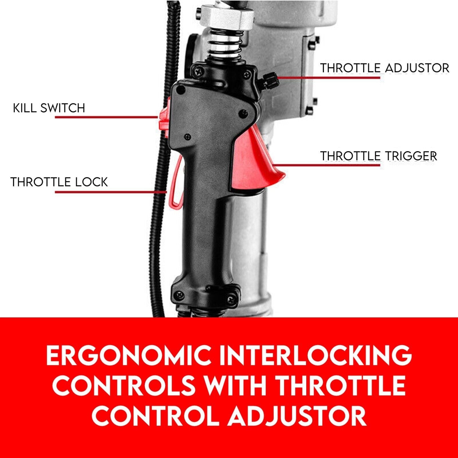 Image of the Petrol Post Driver 4 Stroke Pile Star Picket Steel Post Fence Rammer Hole, showcasing a powerful 37.7 CC engine with high impact hammer action. The device comes in a predominantly silver finish with a red engine casing and controls, ideal for driving posts into the ground in construction and agricultural applications.