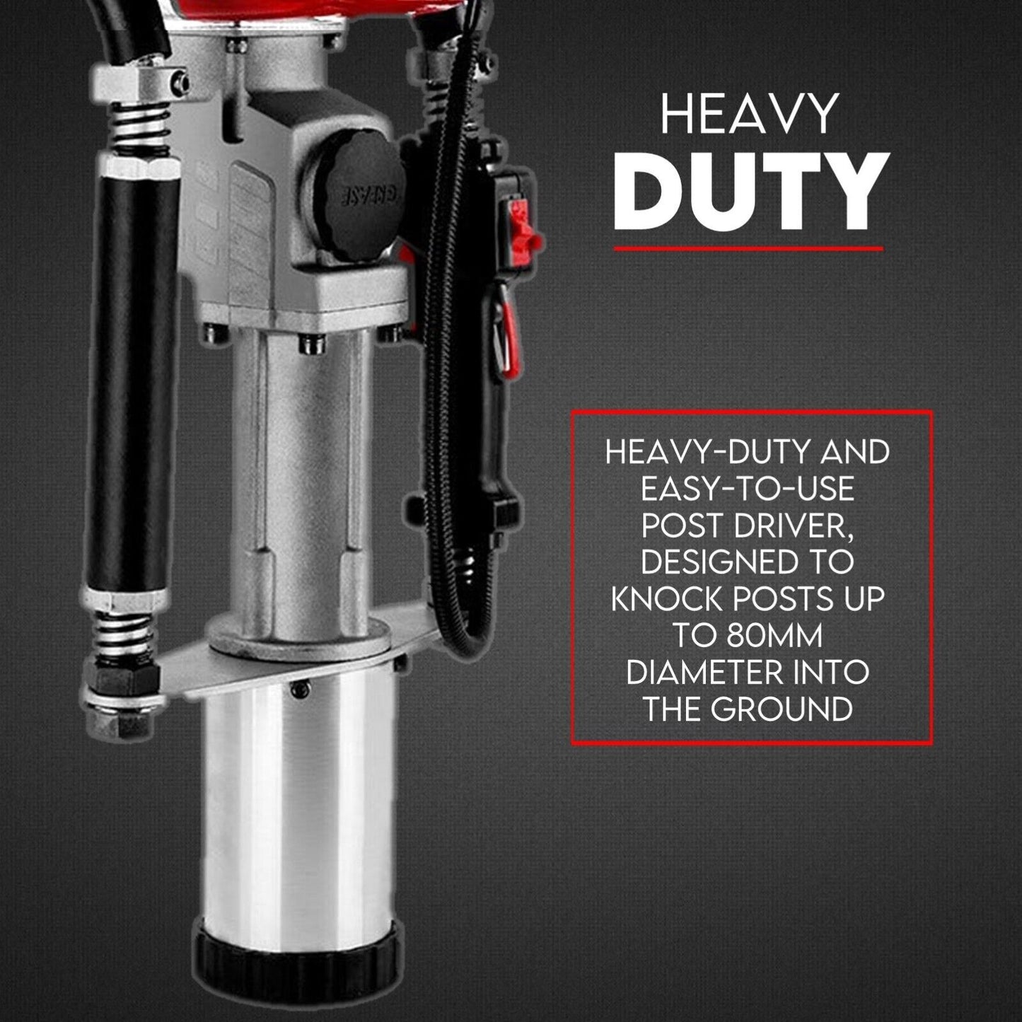 Image of the Petrol Post Driver 4 Stroke Pile Star Picket Steel Post Fence Rammer Hole, showcasing a powerful 37.7 CC engine with high impact hammer action. The device comes in a predominantly silver finish with a red engine casing and controls, ideal for driving posts into the ground in construction and agricultural applications.