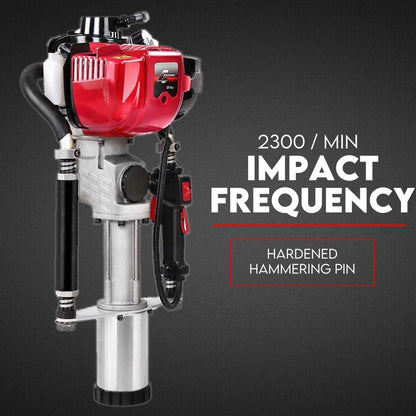 Image of the Petrol Post Driver 4 Stroke Pile Star Picket Steel Post Fence Rammer Hole, showcasing a powerful 37.7 CC engine with high impact hammer action. The device comes in a predominantly silver finish with a red engine casing and controls, ideal for driving posts into the ground in construction and agricultural applications.