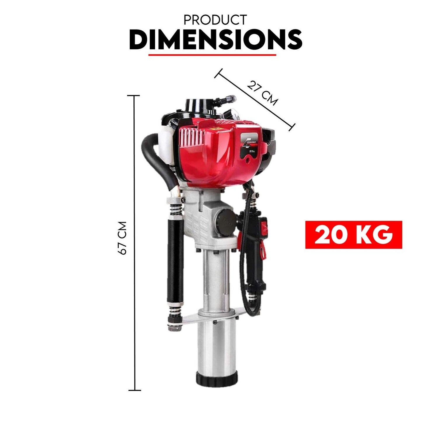 Image of the Petrol Post Driver 4 Stroke Pile Star Picket Steel Post Fence Rammer Hole, showcasing a powerful 37.7 CC engine with high impact hammer action. The device comes in a predominantly silver finish with a red engine casing and controls, ideal for driving posts into the ground in construction and agricultural applications.