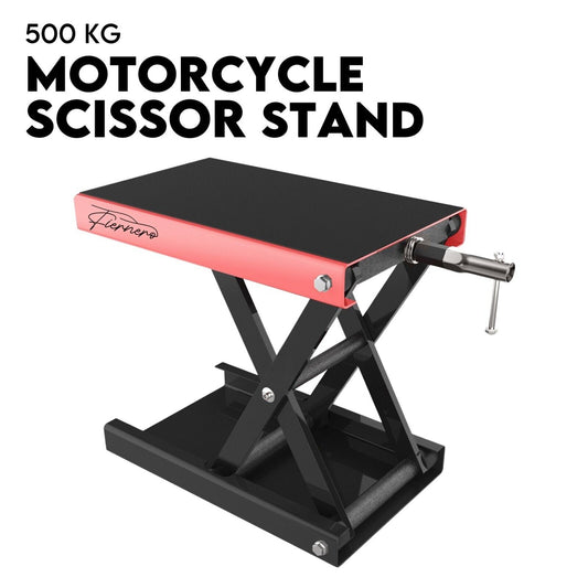 The image shows a black and red Motorcycle Scissor Lift - ATV Jack 500KG with a heavy-duty steel body and a lifting capacity of 500 kg. The stand features a crank handle for manual lifting and lowering. The brand name "Plemers" is printed on the platform.