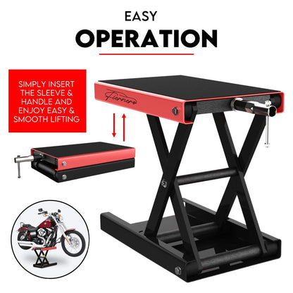 The image shows a black and red Motorcycle Scissor Lift - ATV Jack 500KG with a heavy-duty steel body and a lifting capacity of 500 kg. The stand features a crank handle for manual lifting and lowering. The brand name "Plemers" is printed on the platform.