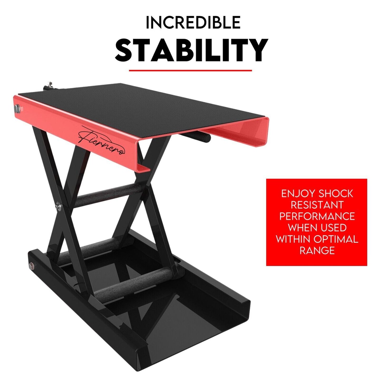 The image shows a black and red Motorcycle Scissor Lift - ATV Jack 500KG with a heavy-duty steel body and a lifting capacity of 500 kg. The stand features a crank handle for manual lifting and lowering. The brand name "Plemers" is printed on the platform.