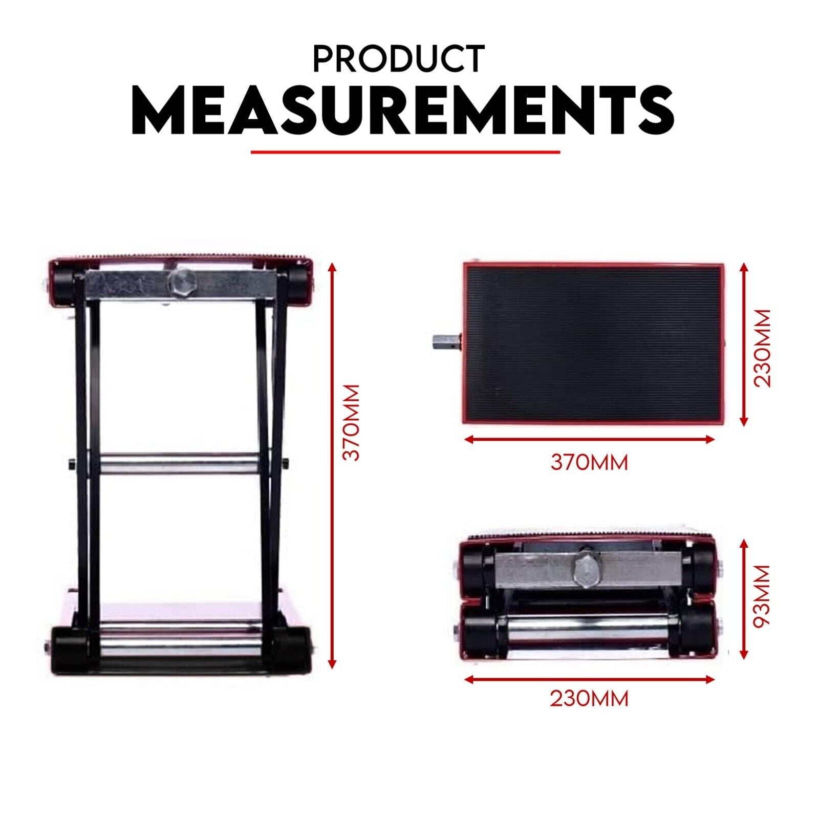 The image shows a black and red Motorcycle Scissor Lift - ATV Jack 500KG with a heavy-duty steel body and a lifting capacity of 500 kg. The stand features a crank handle for manual lifting and lowering. The brand name "Plemers" is printed on the platform.