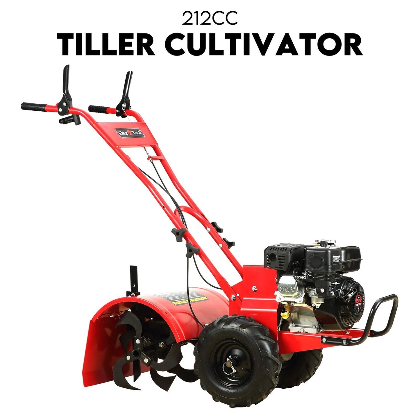 A robust 212CC Tiller Cultivator with a high handlebar, large black tires, and four rotating tines for soil cultivation. Featuring a powerful 212 cc OHV engine mounted near the rear tires, its steel blades ensure efficient tilling. The text "212CC TILLER CULTIVATOR" is displayed above the image.