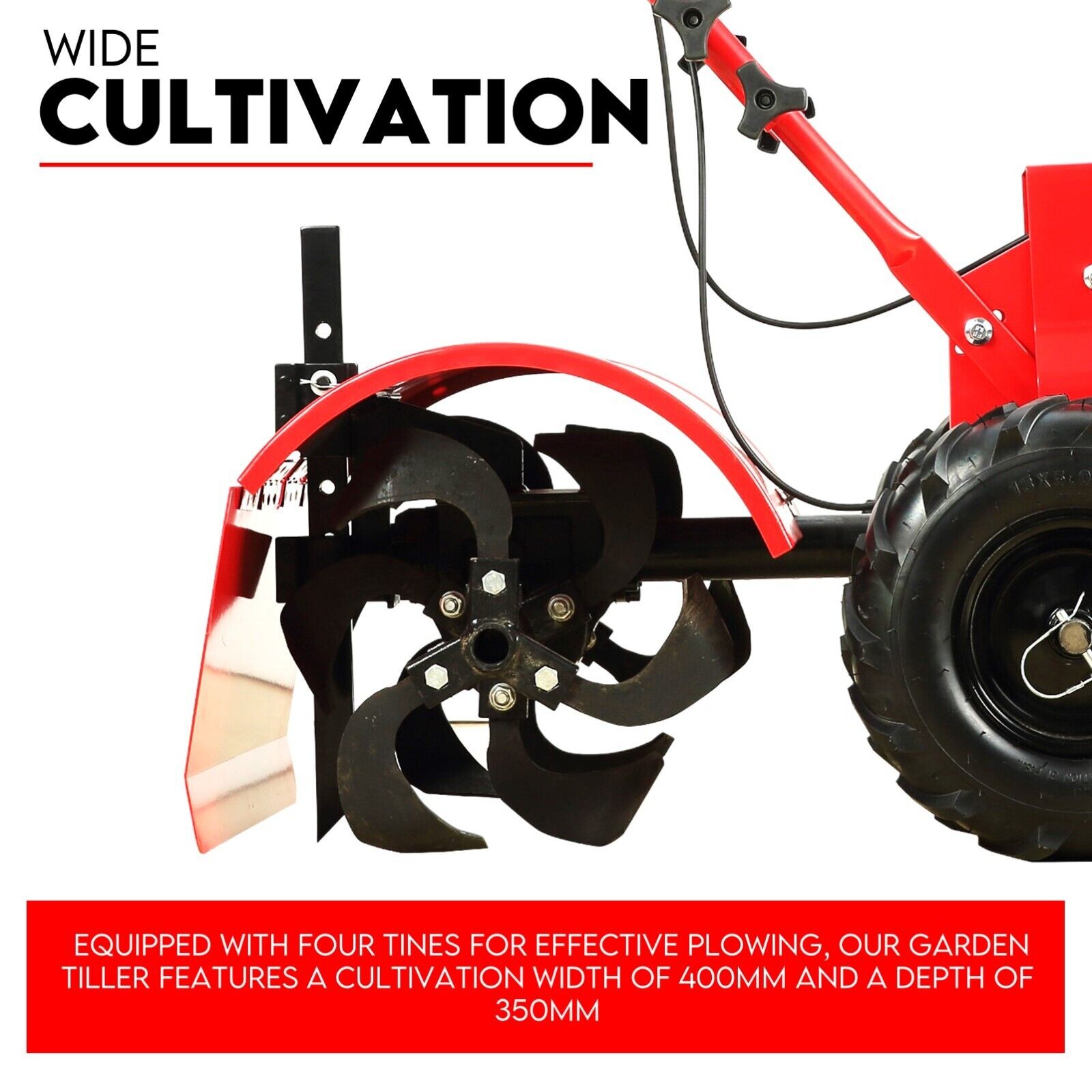 A robust 212CC Tiller Cultivator with a high handlebar, large black tires, and four rotating tines for soil cultivation. Featuring a powerful 212 cc OHV engine mounted near the rear tires, its steel blades ensure efficient tilling. The text "212CC TILLER CULTIVATOR" is displayed above the image.