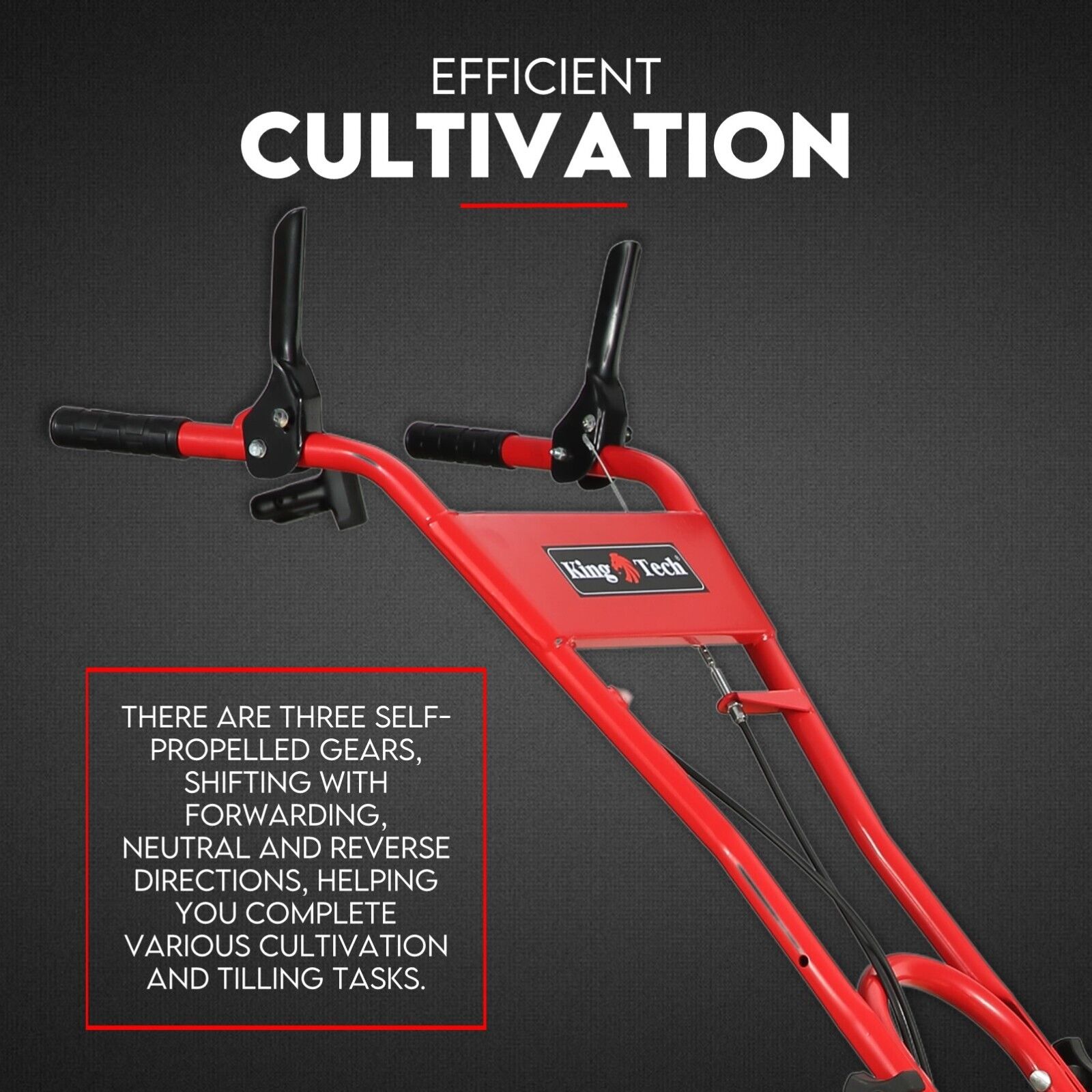 A robust 212CC Tiller Cultivator with a high handlebar, large black tires, and four rotating tines for soil cultivation. Featuring a powerful 212 cc OHV engine mounted near the rear tires, its steel blades ensure efficient tilling. The text "212CC TILLER CULTIVATOR" is displayed above the image.