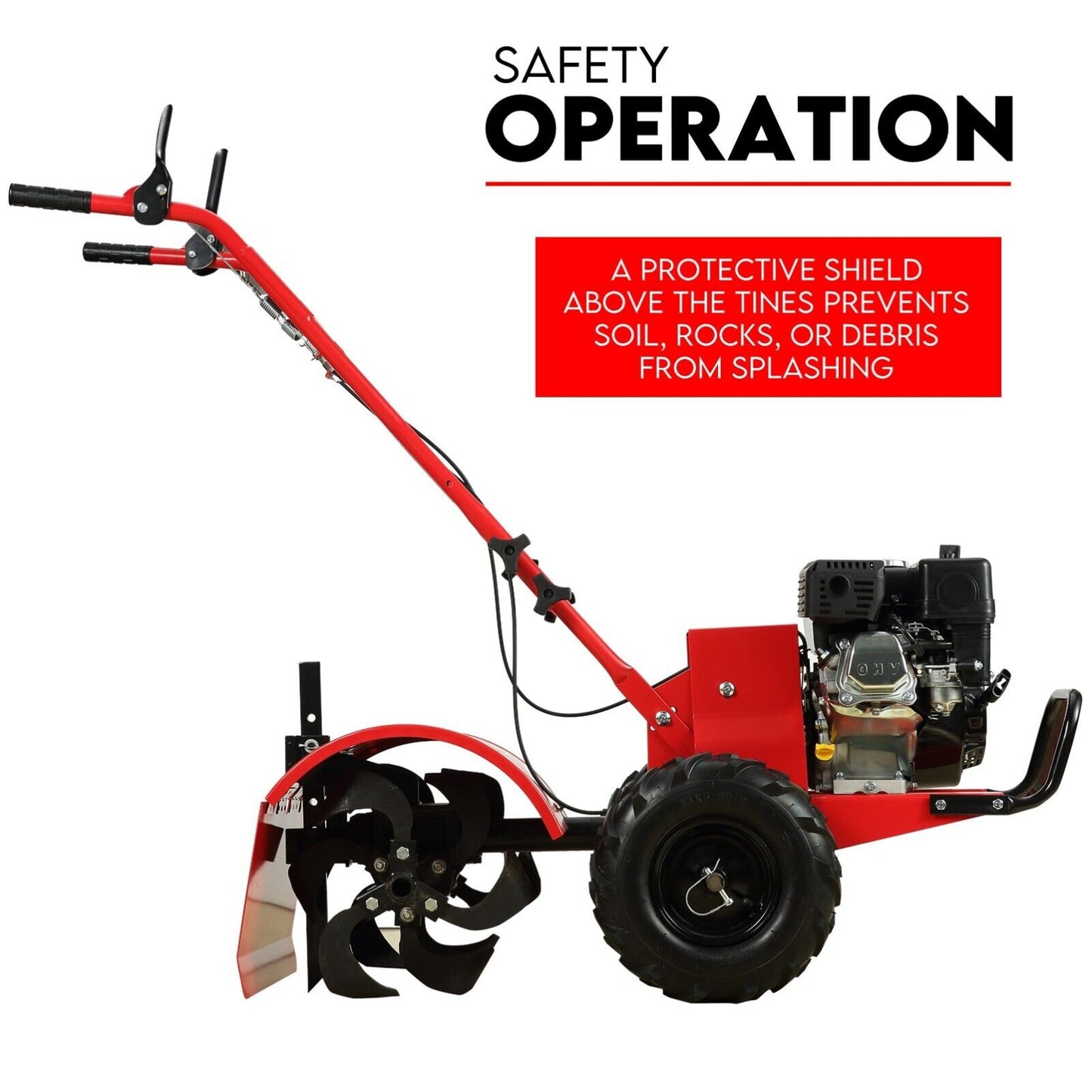 A robust 212CC Tiller Cultivator with a high handlebar, large black tires, and four rotating tines for soil cultivation. Featuring a powerful 212 cc OHV engine mounted near the rear tires, its steel blades ensure efficient tilling. The text "212CC TILLER CULTIVATOR" is displayed above the image.