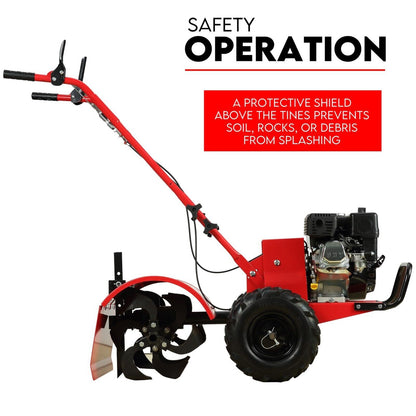 A robust 212CC Tiller Cultivator with a high handlebar, large black tires, and four rotating tines for soil cultivation. Featuring a powerful 212 cc OHV engine mounted near the rear tires, its steel blades ensure efficient tilling. The text "212CC TILLER CULTIVATOR" is displayed above the image.