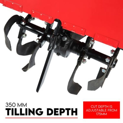 A robust 212CC Tiller Cultivator with a high handlebar, large black tires, and four rotating tines for soil cultivation. Featuring a powerful 212 cc OHV engine mounted near the rear tires, its steel blades ensure efficient tilling. The text "212CC TILLER CULTIVATOR" is displayed above the image.