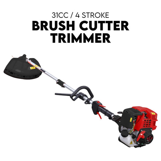 Image of the 4 STROKE Whipper Snipper Straight Shaft Line Trimmer 31CC Pole Brush Cutter. This professional-grade tool features a red 31cc 4-stroke engine housing, a long silver shaft with a black handle, and a black cutting shield at the end. Text above the trimmer reads "31CC / 4 Stroke Brush Cutter Trimmer".