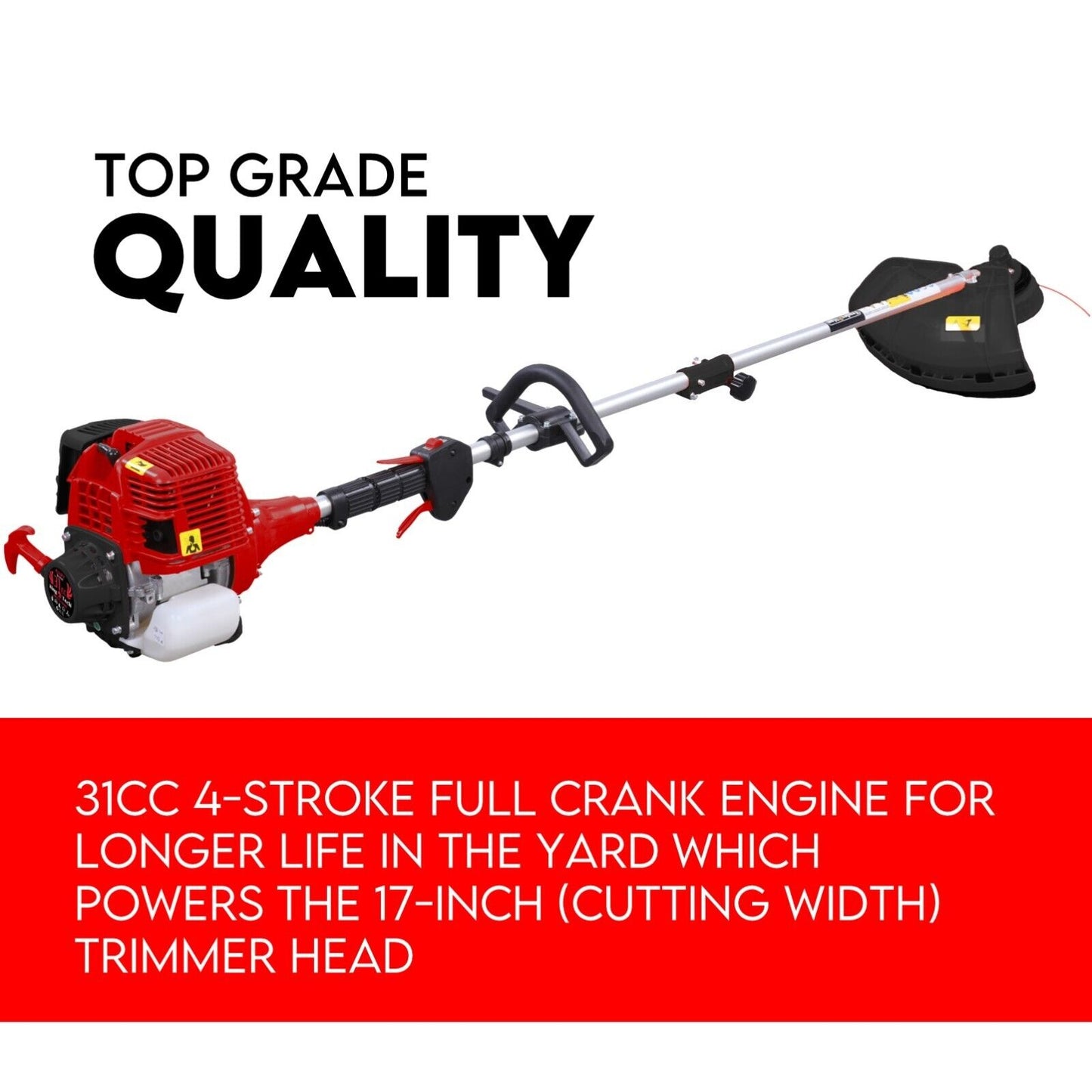 Image of the 4 STROKE Whipper Snipper Straight Shaft Line Trimmer 31CC Pole Brush Cutter. This professional-grade tool features a red 31cc 4-stroke engine housing, a long silver shaft with a black handle, and a black cutting shield at the end. Text above the trimmer reads "31CC / 4 Stroke Brush Cutter Trimmer".