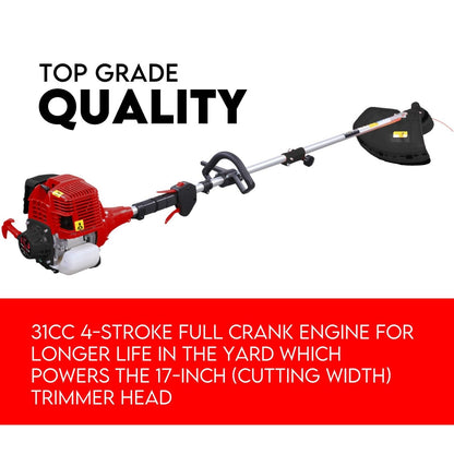 Image of the 4 STROKE Whipper Snipper Straight Shaft Line Trimmer 31CC Pole Brush Cutter. This professional-grade tool features a red 31cc 4-stroke engine housing, a long silver shaft with a black handle, and a black cutting shield at the end. Text above the trimmer reads "31CC / 4 Stroke Brush Cutter Trimmer".