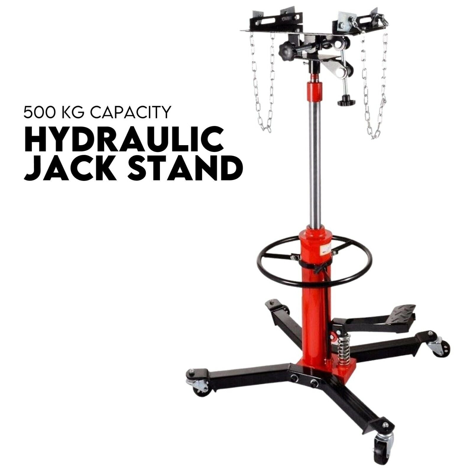 Image of a Transmission Jack 0.5 ton 2-Stage Hydraulic High Lift Vertical Telescopic designed to support up to 500 kg. The stand features a red hydraulic cylinder, a sturdy metal frame with four wheels for mobility, a handle for height adjustment, and chains for securing the load. Resembling a telescoping transmission jack, bold text on the left reads "500 KG CAPACITY HYDRAULIC JACK STAND".