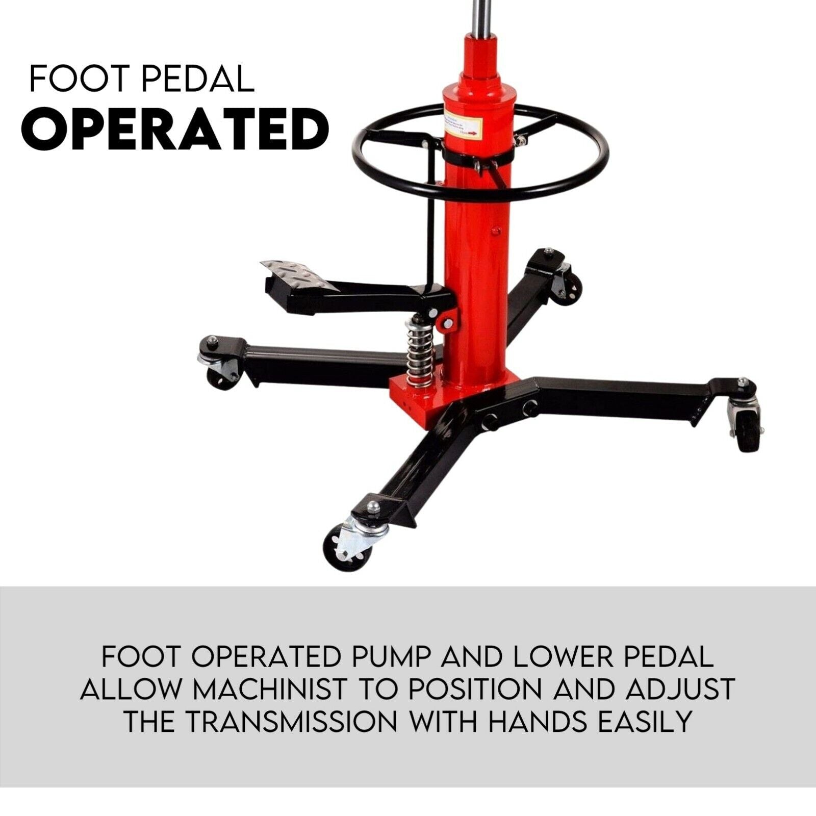 Image of a Transmission Jack 0.5 ton 2-Stage Hydraulic High Lift Vertical Telescopic designed to support up to 500 kg. The stand features a red hydraulic cylinder, a sturdy metal frame with four wheels for mobility, a handle for height adjustment, and chains for securing the load. Resembling a telescoping transmission jack, bold text on the left reads "500 KG CAPACITY HYDRAULIC JACK STAND".