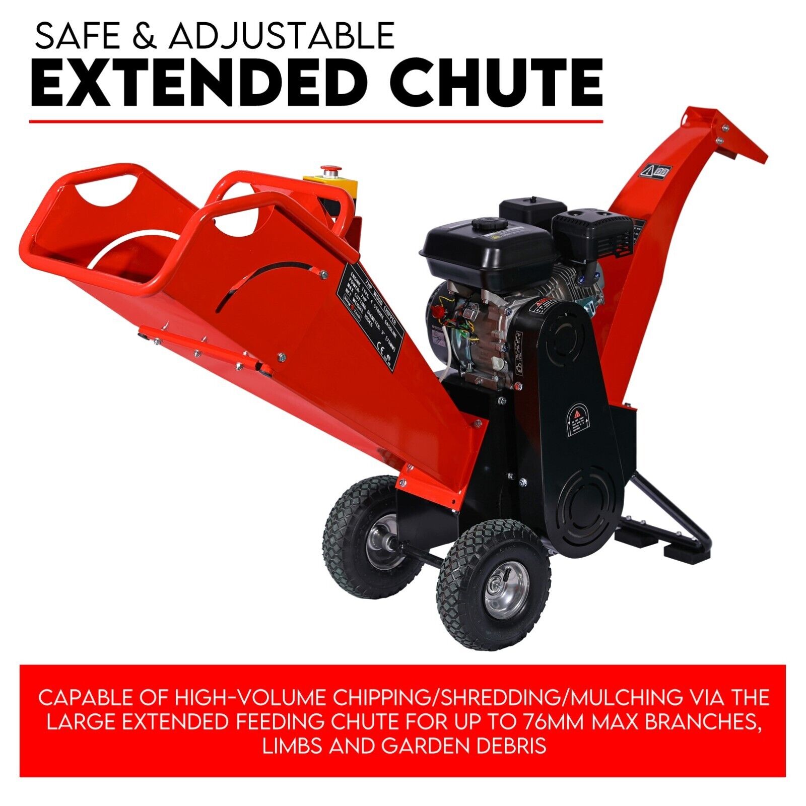 The 7HP Wood Chipper Self Feeding Shredder Mulcher Machine Petrol Garden Portable is a red and black wood chipper powered by a robust 4-stroke petrol engine. It features sturdy wheels for easy mobility and is designed to deliver efficient performance with its high-speed steel blades, accentuated by bold text in the image. The machine includes a chute for wood intake and an output chute for chippings.