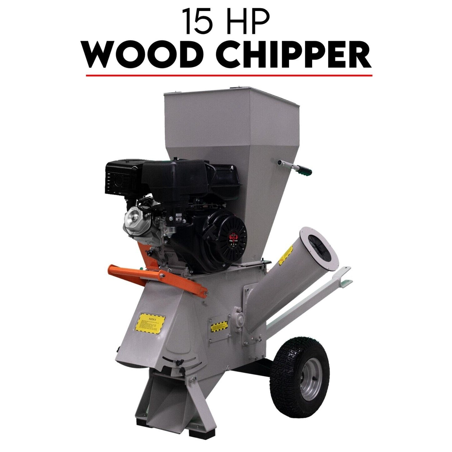 The 15HP Engine Wood Chipper Garden Mulcher Shredder Mulch Chip Tree Branch features a large intake chute, dual feed capabilities, and an exhaust port. It comes with sturdy wheels for mobility and has a grey metal body. The text above reads "15 HP WOOD CHIPPER" in black and red.