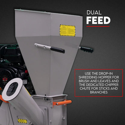 The 15HP Engine Wood Chipper Garden Mulcher Shredder Mulch Chip Tree Branch features a large intake chute, dual feed capabilities, and an exhaust port. It comes with sturdy wheels for mobility and has a grey metal body. The text above reads "15 HP WOOD CHIPPER" in black and red.