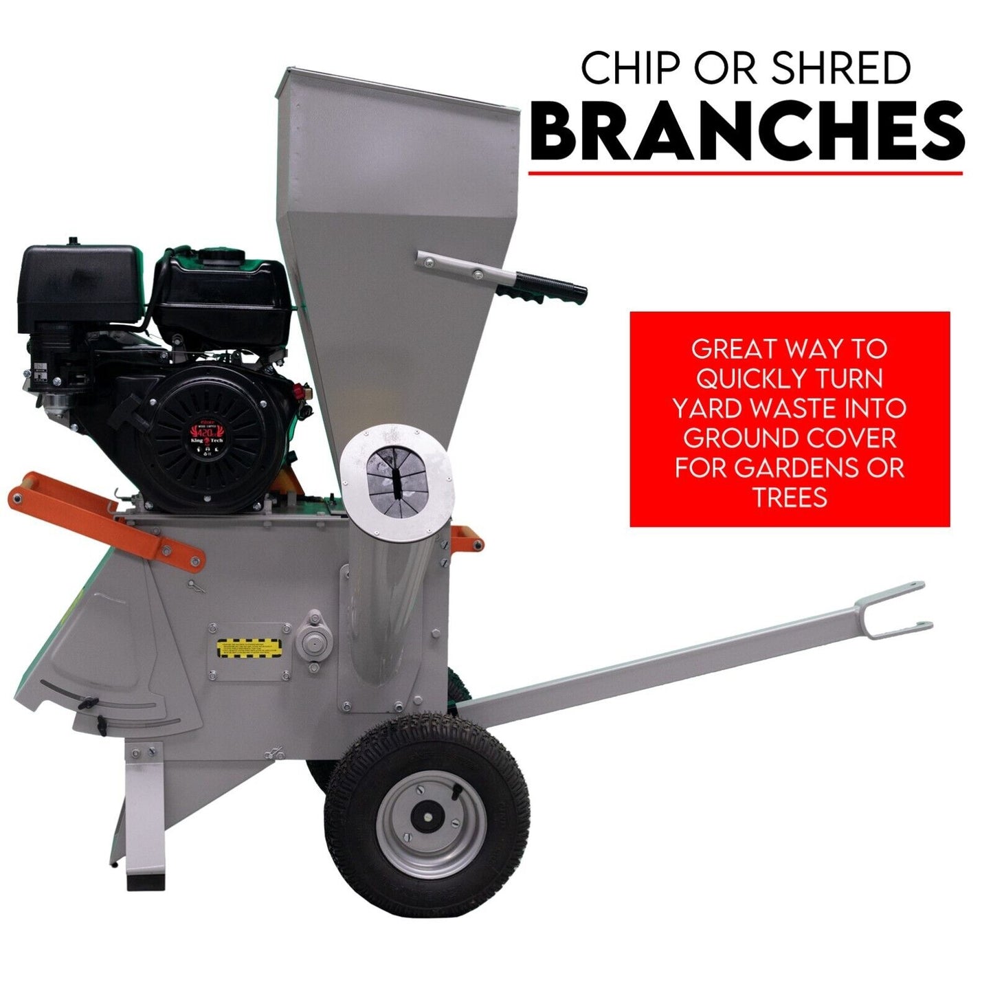 The 15HP Engine Wood Chipper Garden Mulcher Shredder Mulch Chip Tree Branch features a large intake chute, dual feed capabilities, and an exhaust port. It comes with sturdy wheels for mobility and has a grey metal body. The text above reads "15 HP WOOD CHIPPER" in black and red.