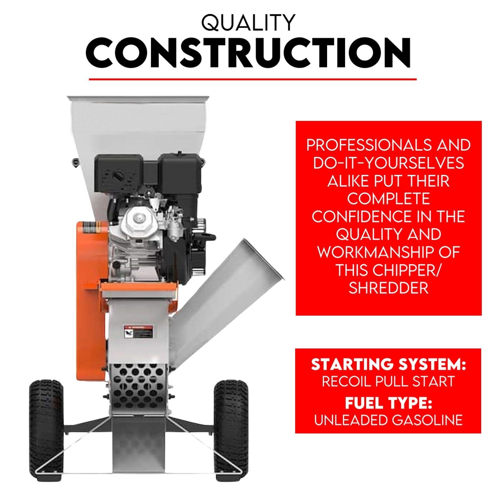 The 15HP Engine Wood Chipper Garden Mulcher Shredder Mulch Chip Tree Branch features a large intake chute, dual feed capabilities, and an exhaust port. It comes with sturdy wheels for mobility and has a grey metal body. The text above reads "15 HP WOOD CHIPPER" in black and red.