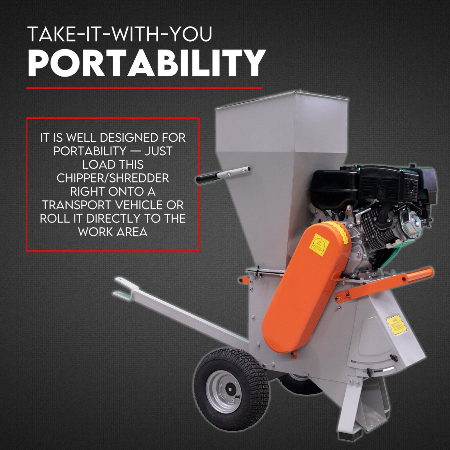 The 15HP Engine Wood Chipper Garden Mulcher Shredder Mulch Chip Tree Branch features a large intake chute, dual feed capabilities, and an exhaust port. It comes with sturdy wheels for mobility and has a grey metal body. The text above reads "15 HP WOOD CHIPPER" in black and red.