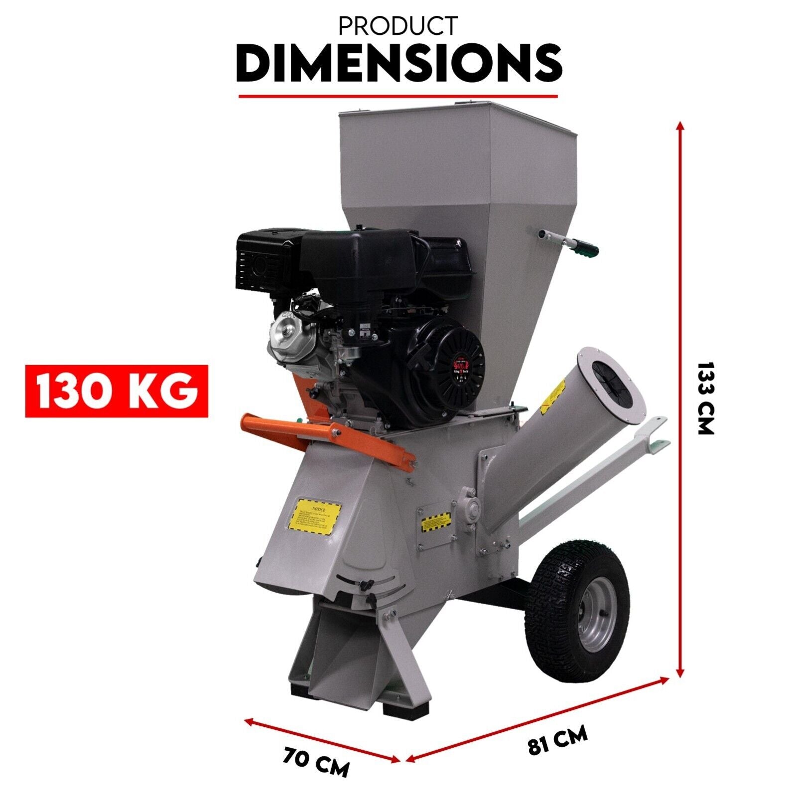 The 15HP Engine Wood Chipper Garden Mulcher Shredder Mulch Chip Tree Branch features a large intake chute, dual feed capabilities, and an exhaust port. It comes with sturdy wheels for mobility and has a grey metal body. The text above reads "15 HP WOOD CHIPPER" in black and red.