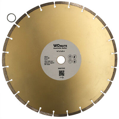 A gold-colored segmented saw blade with a series of evenly spaced, small cut-outs along the edge. The center has a white label with the brand "WDMate" and various product details. A small metal ring is placed next to this 350mm Diamond Circular Saw Disc Dry 7*3mm Segment Cutting Blade 14" 25.4 WDMATE.