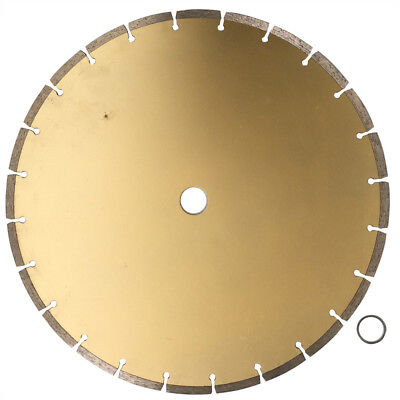 A gold-colored segmented saw blade with a series of evenly spaced, small cut-outs along the edge. The center has a white label with the brand "WDMate" and various product details. A small metal ring is placed next to this 350mm Diamond Circular Saw Disc Dry 7*3mm Segment Cutting Blade 14" 25.4 WDMATE.