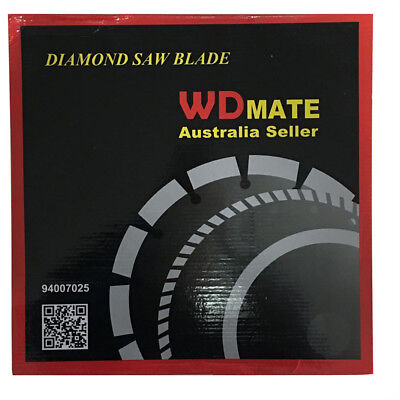 A gold-colored segmented saw blade with a series of evenly spaced, small cut-outs along the edge. The center has a white label with the brand "WDMate" and various product details. A small metal ring is placed next to this 350mm Diamond Circular Saw Disc Dry 7*3mm Segment Cutting Blade 14" 25.4 WDMATE.