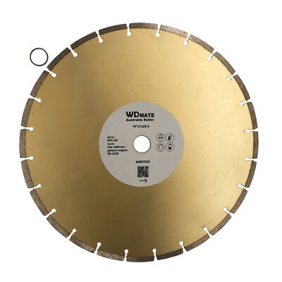 A gold-colored segmented saw blade with a series of evenly spaced, small cut-outs along the edge. The center has a white label with the brand "WDMate" and various product details. A small metal ring is placed next to this 350mm Diamond Circular Saw Disc Dry 7*3mm Segment Cutting Blade 14" 25.4 WDMATE.