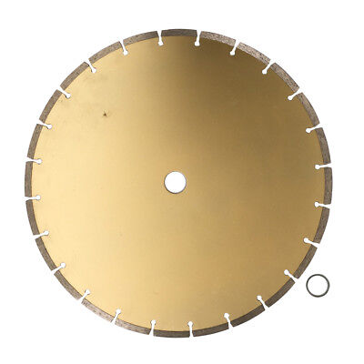 A gold-colored segmented saw blade with a series of evenly spaced, small cut-outs along the edge. The center has a white label with the brand "WDMate" and various product details. A small metal ring is placed next to this 350mm Diamond Circular Saw Disc Dry 7*3mm Segment Cutting Blade 14" 25.4 WDMATE.