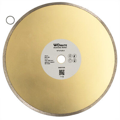 A circular saw blade with a golden metallic surface and silver edges, labeled "4x 350mm Wet Circular Saw Blade Diamond Cutting 14" Disc 25.4/22.2mm Tile WDMATE" in the center with specifications "5"x0.23x5/8", item code, QR code, and other details. This continuous saw blade disc is designed for concrete cutting. A small metal ring is placed beside the blade.
