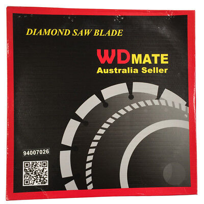 A circular saw blade with a golden metallic surface and silver edges, labeled "4x 350mm Wet Circular Saw Blade Diamond Cutting 14" Disc 25.4/22.2mm Tile WDMATE" in the center with specifications "5"x0.23x5/8", item code, QR code, and other details. This continuous saw blade disc is designed for concrete cutting. A small metal ring is placed beside the blade.
