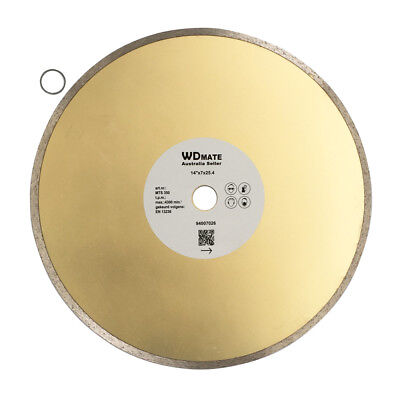 A circular saw blade with a golden metallic surface and silver edges, labeled "4x 350mm Wet Circular Saw Blade Diamond Cutting 14" Disc 25.4/22.2mm Tile WDMATE" in the center with specifications "5"x0.23x5/8", item code, QR code, and other details. This continuous saw blade disc is designed for concrete cutting. A small metal ring is placed beside the blade.
