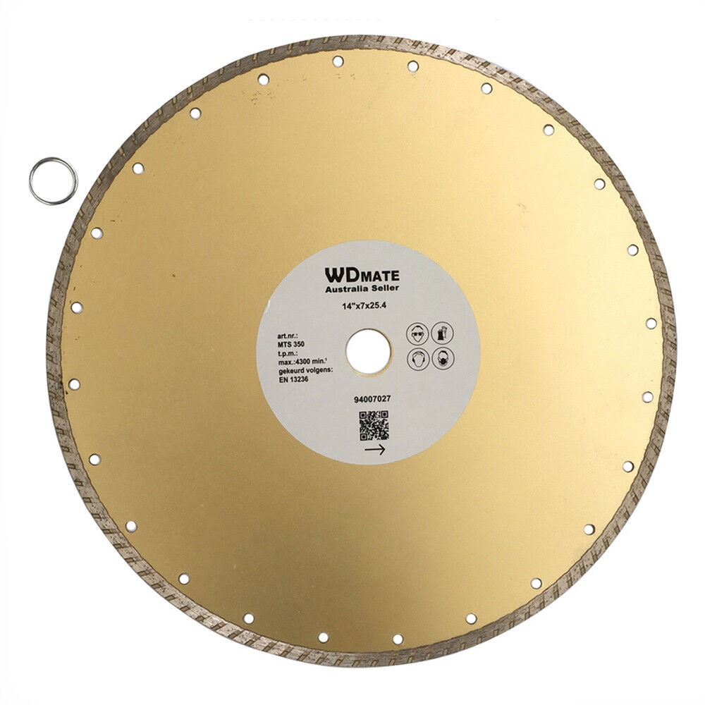 A 350mm Turbo Saw Blade Diamond Dry Wet 7*3mm Cutting Wheel Disc 25.4/22mm WDMATE with a serrated edge and a central hole for mounting. It is labeled "WDMATE" along with technical specifications and instructional icons. This diamond cutting wheel also includes a small metal ring lying on the surface near it.