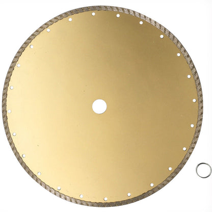 A 350mm Turbo Saw Blade Diamond Dry Wet 7*3mm Cutting Wheel Disc 25.4/22mm WDMATE with a serrated edge and a central hole for mounting. It is labeled "WDMATE" along with technical specifications and instructional icons. This diamond cutting wheel also includes a small metal ring lying on the surface near it.