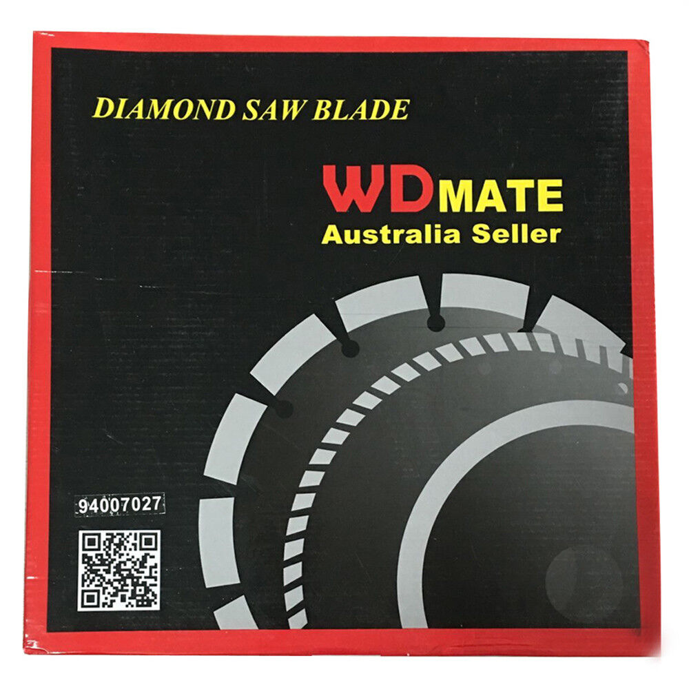 A 350mm Turbo Saw Blade Diamond Dry Wet 7*3mm Cutting Wheel Disc 25.4/22mm WDMATE with a serrated edge and a central hole for mounting. It is labeled "WDMATE" along with technical specifications and instructional icons. This diamond cutting wheel also includes a small metal ring lying on the surface near it.