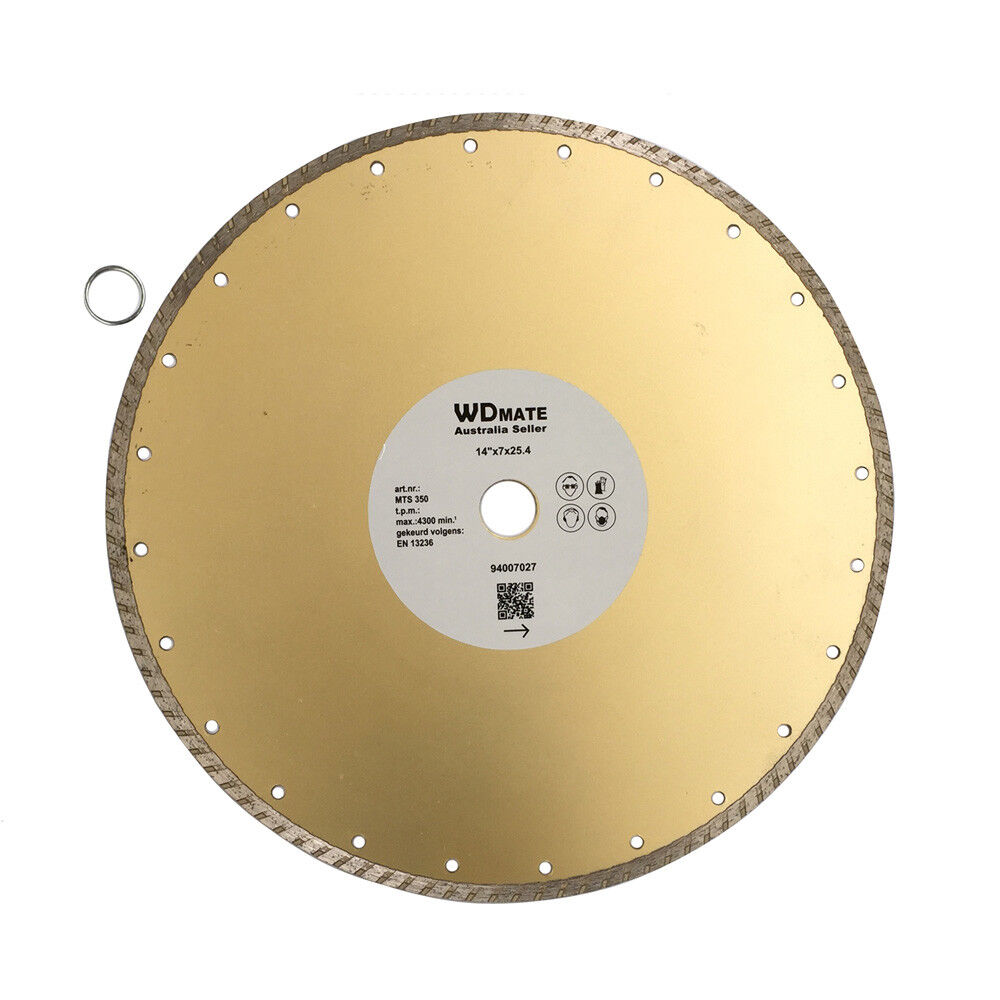 A 350mm Turbo Saw Blade Diamond Dry Wet 7*3mm Cutting Wheel Disc 25.4/22mm WDMATE with a serrated edge and a central hole for mounting. It is labeled "WDMATE" along with technical specifications and instructional icons. This diamond cutting wheel also includes a small metal ring lying on the surface near it.