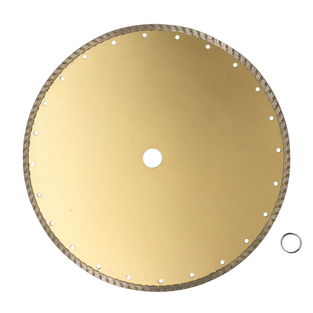 A 350mm Turbo Saw Blade Diamond Dry Wet 7*3mm Cutting Wheel Disc 25.4/22mm WDMATE with a serrated edge and a central hole for mounting. It is labeled "WDMATE" along with technical specifications and instructional icons. This diamond cutting wheel also includes a small metal ring lying on the surface near it.